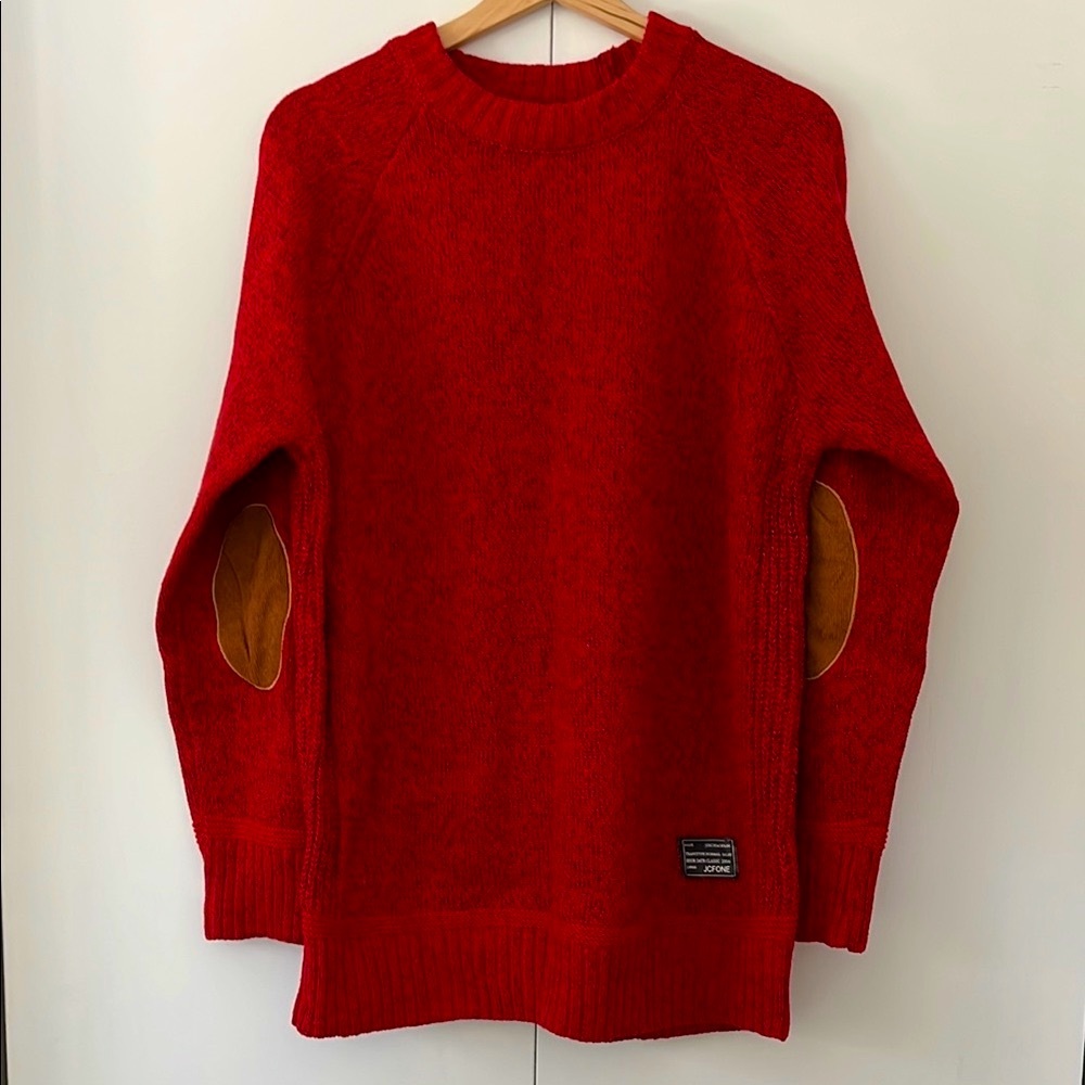 Men’s Red Sweater with Tan Elbow Patches XL